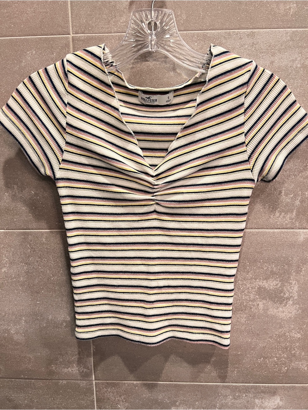 Hollister Cream Ribbed V-Neck Tee with Black, Pink & Navy Stripes
